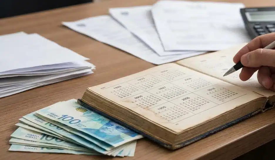 בנאדם רושם ביומן עם שטרות של 200 על השולחן