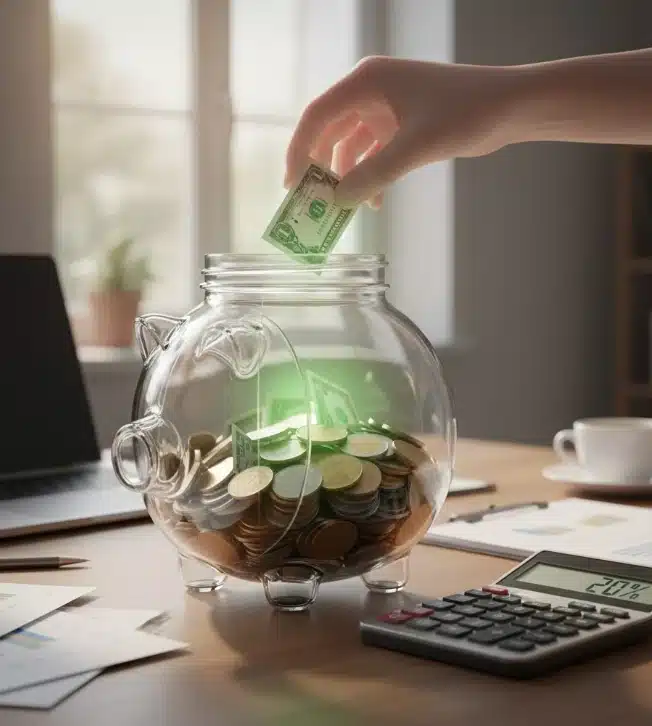 קופת חיסכון עם כסף ומחשבון עם אחוזים להחזר מס