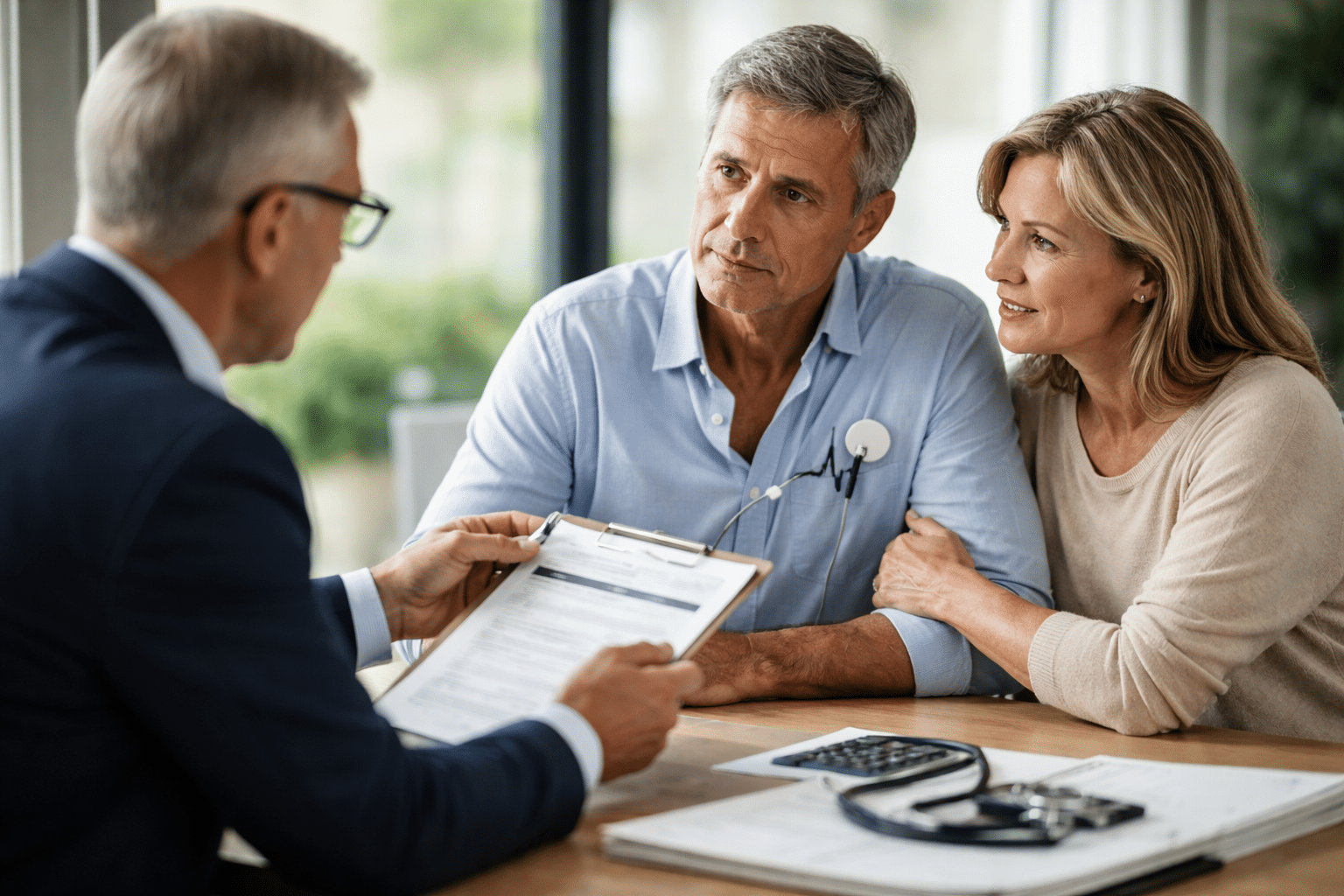 ייעוץ פיננסי לזוג לגבי החזר מס, עם מסמכים וציוד רפואי על השולחן.