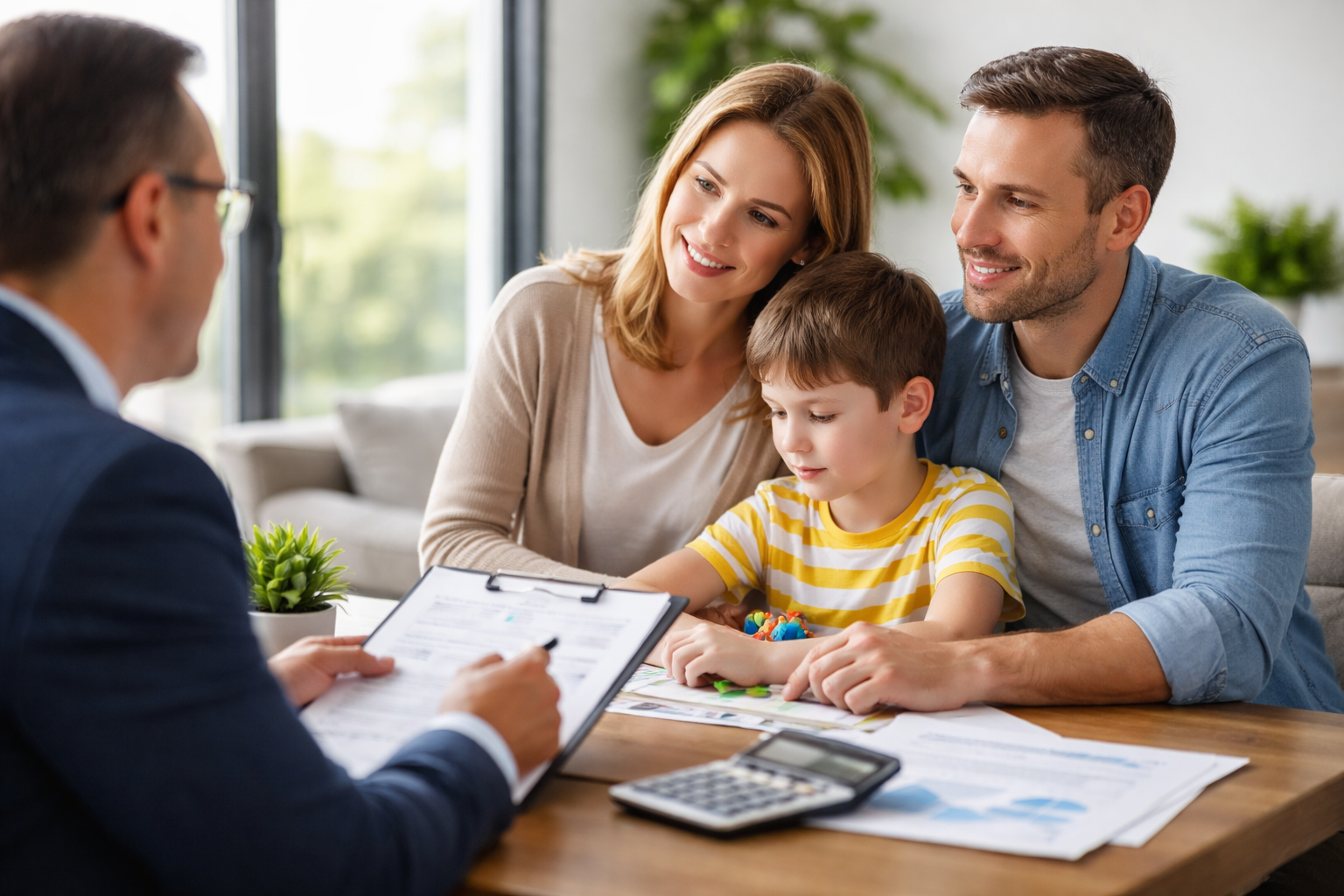 משפחה יושבת עם יועץ, בודקים טפסים עבור החזר מס לשכירים וטופס 106.