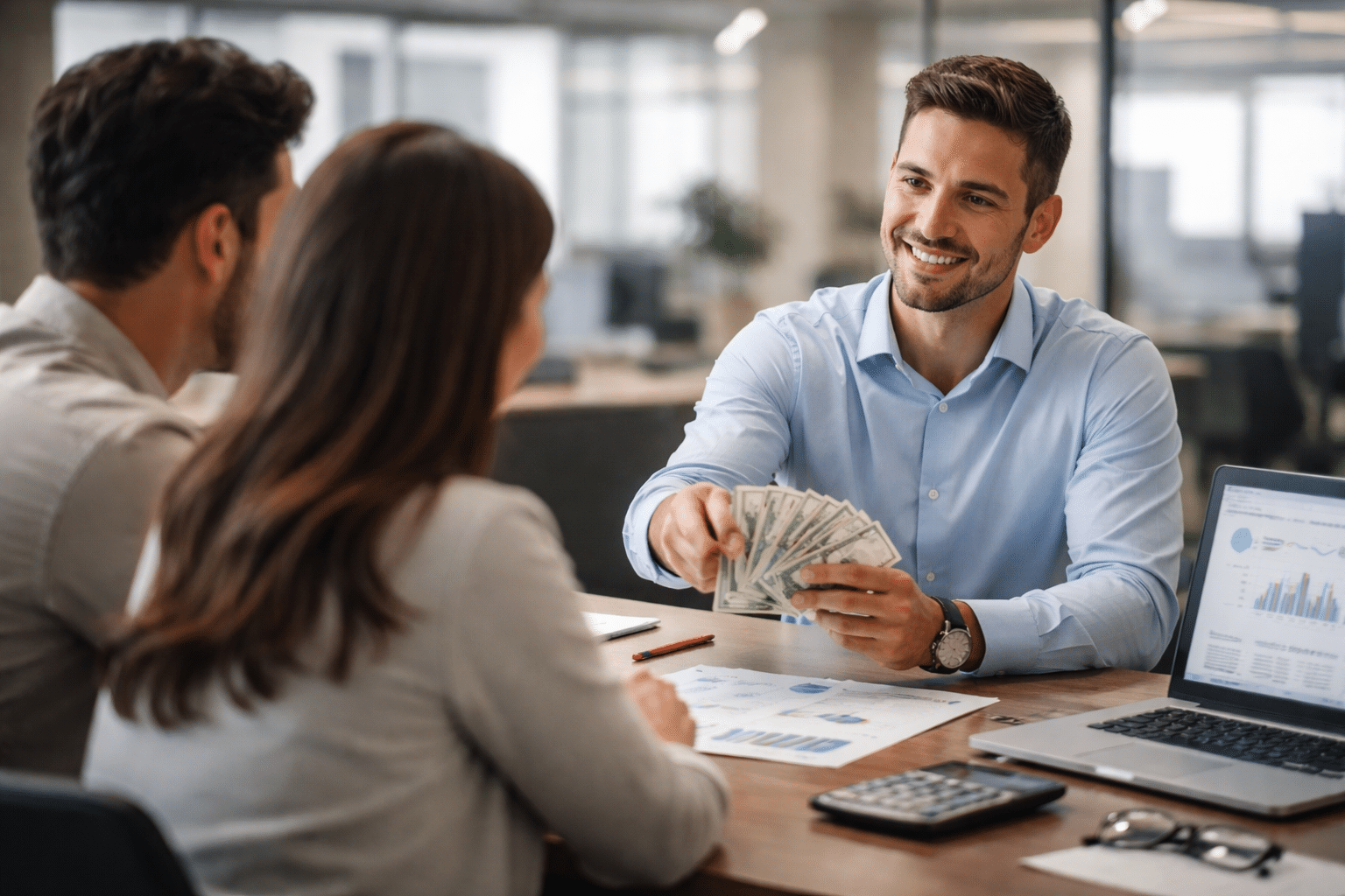 פגישה עסקית עם יועץ המס, מציג החזר מס לשכירים, טפסים ונתונים על שולחן העבודה.