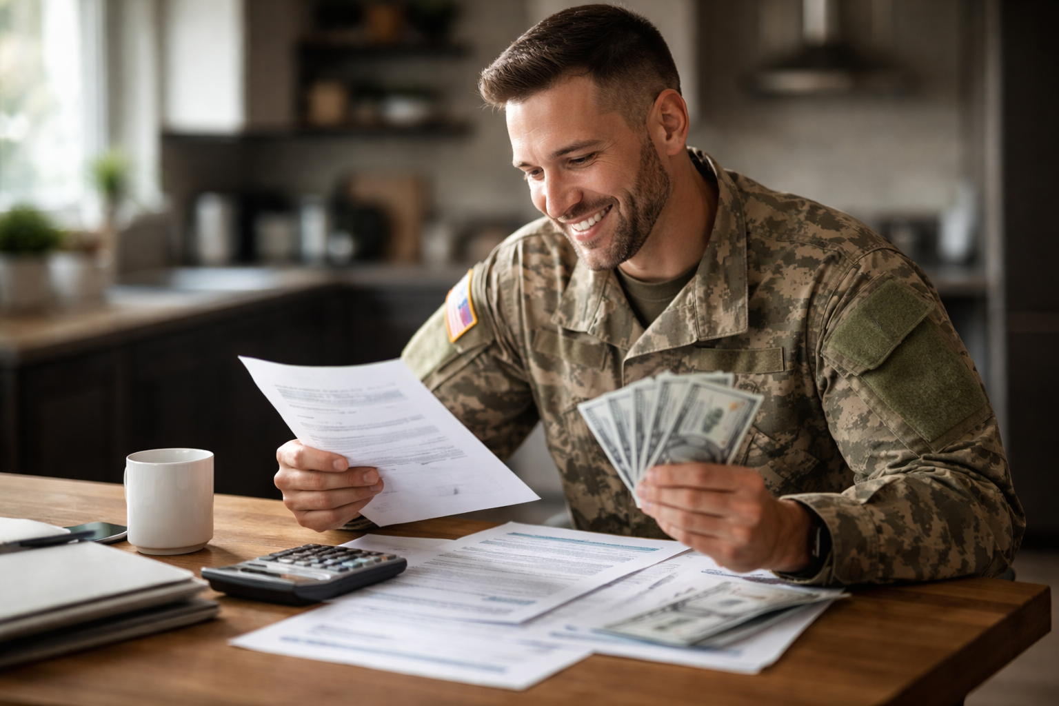 חייל יושב ליד שולחן עם מסמכים וכסף, מתעניין בהחזר מס לשכירים ובדיקת זכאות.
