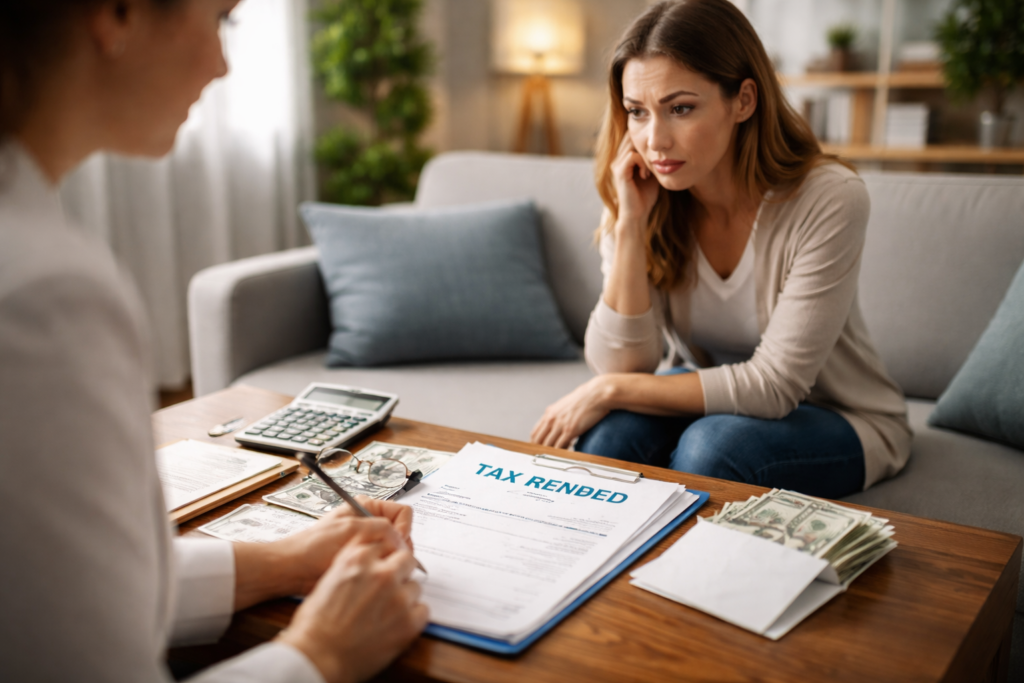 פגישת ייעוץ להחזר מס עם מסמכים, מחשבון וכסף על השולחן, אישה חושבת על זכאות להחזר מס.