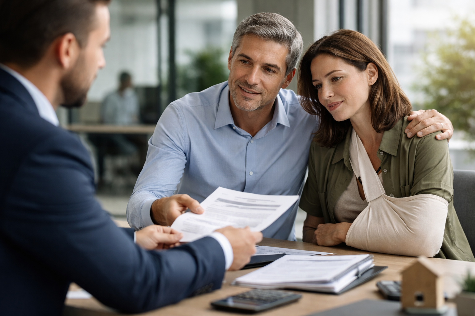 זוג יושב מול יועץ, עוסקים בהחזר מס לשכירים עם מסמכים וטפסים על השולחן.