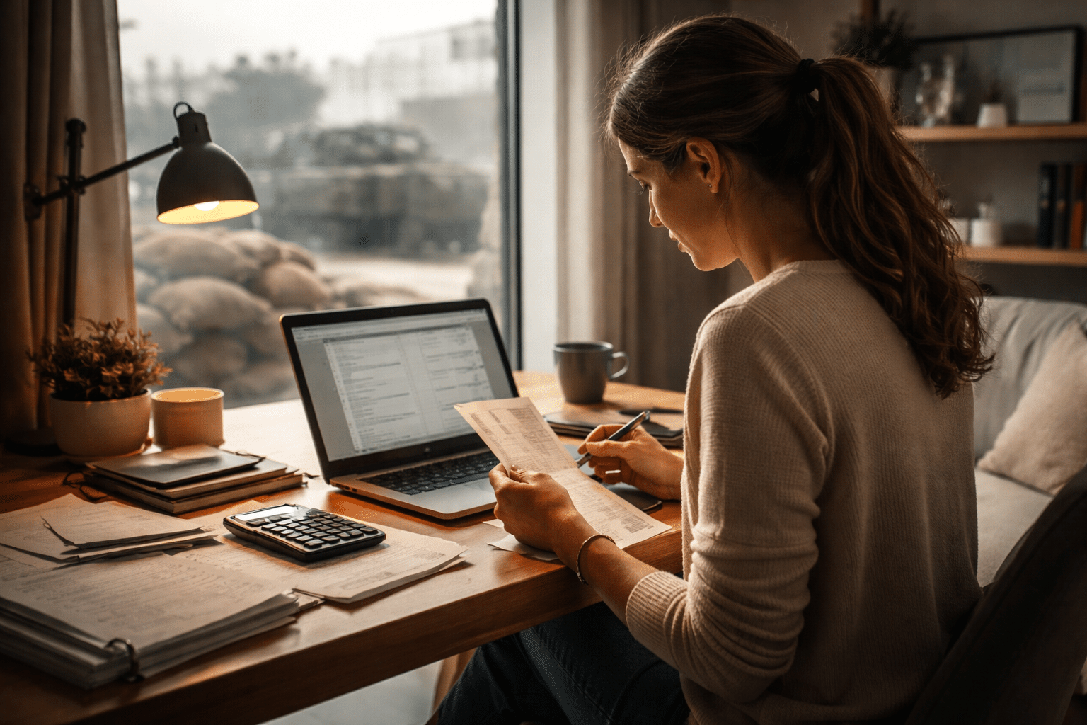 אישה יושבת ליד שולחן עבודה, בודקת מסמכים ומחשב נייד, עם מחשבון וכוס קפה בסביבה נעימה.