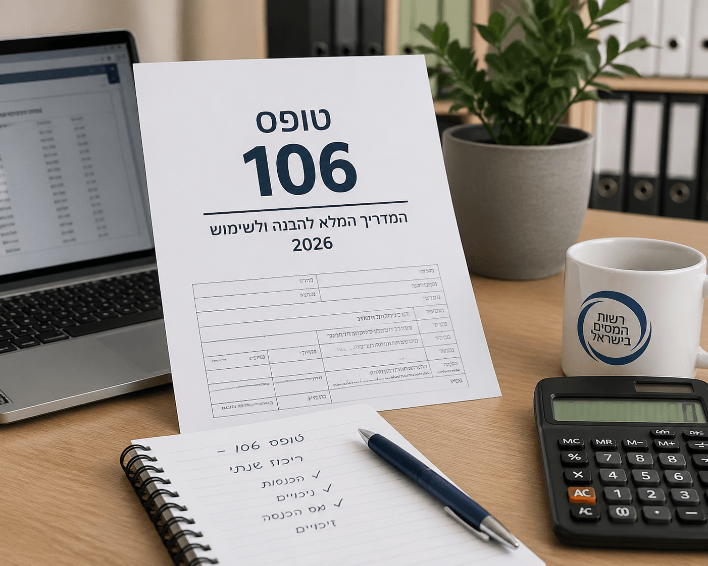 טופס 106 על דף עם מחברת ומחשבון